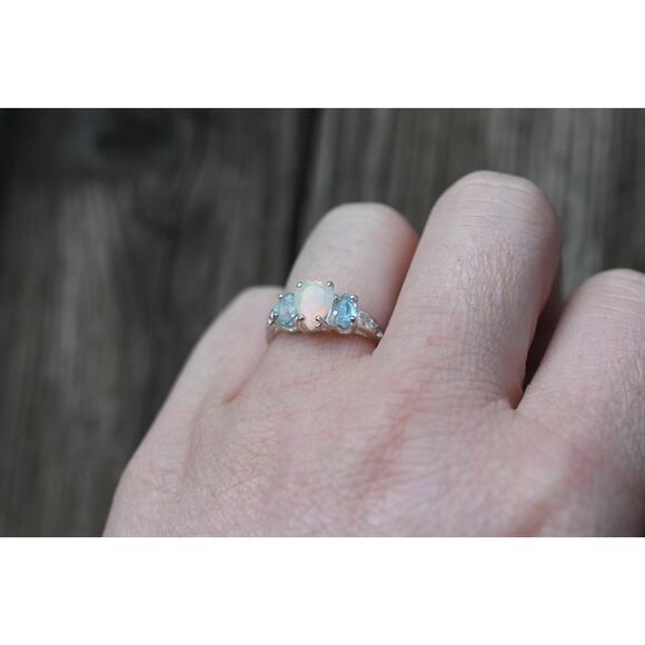 Aquamarine and opal engagement ring sterling silver size 3 4 5 6 7 8 9 10 11 12 - Picture 4 of 5